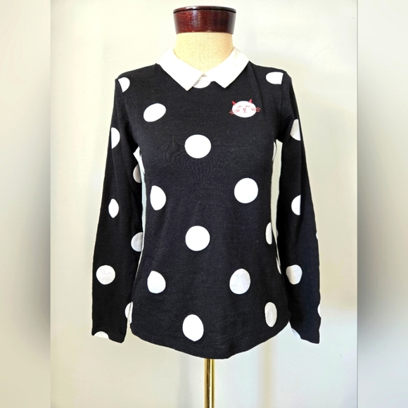 MAISON JULES Black and White Polka Dot Collared Women's Top with Cat. Size Small - Picture 1 of 10